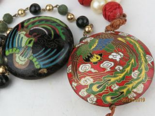 Vintage Chinese Cloisonne Enamel pendants on Carved Cinnabar Beads Necklace 4