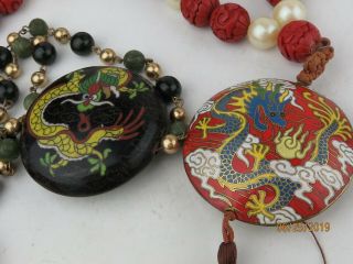 Vintage Chinese Cloisonne Enamel pendants on Carved Cinnabar Beads Necklace 5