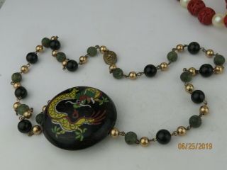 Vintage Chinese Cloisonne Enamel pendants on Carved Cinnabar Beads Necklace 6