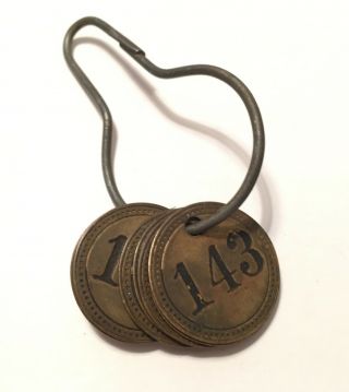 Vintage 1950s Industrial Brass Tags With Key Chain 7 In All 143
