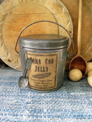 Small Antique Tin Pail With Tin Spoon Corn Cob Jelly