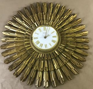 Vintage Mid Century Modern Syroco Large Gold Sunburst Wall Clock J1