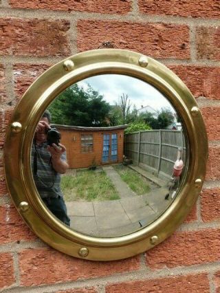 Lovely Vintage 1930s Brass & Convex Glass Porthole Round Wall Mirror.