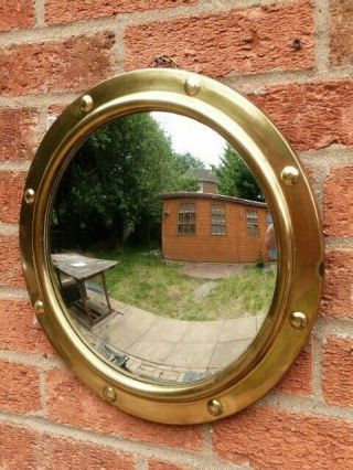 LOVELY VINTAGE 1930s BRASS & CONVEX GLASS PORTHOLE ROUND WALL MIRROR. 2