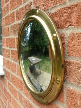 LOVELY VINTAGE 1930s BRASS & CONVEX GLASS PORTHOLE ROUND WALL MIRROR. 3