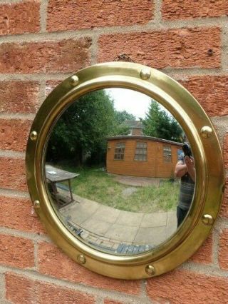 LOVELY VINTAGE 1930s BRASS & CONVEX GLASS PORTHOLE ROUND WALL MIRROR. 6