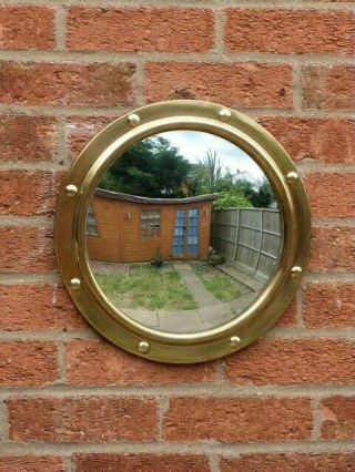 LOVELY VINTAGE 1930s BRASS & CONVEX GLASS PORTHOLE ROUND WALL MIRROR. 8