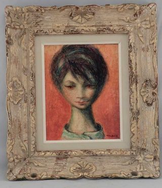 Vintage Mid Century Modern Oil Painting Signed MORA Art Portrait Carved Frame 8