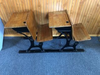 2 Antique Childrens School Desks Vintage Old Country Wood Folding Seats