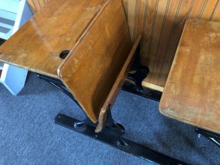 2 Antique Childrens School Desks Vintage Old Country Wood Folding Seats 3