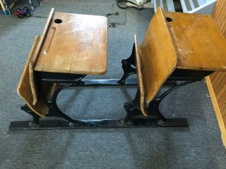 2 Antique Childrens School Desks Vintage Old Country Wood Folding Seats 5