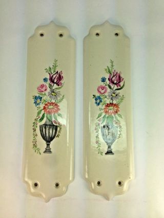 Vintage Regency England Hand Painted Floral Ceramic Door Push Plates