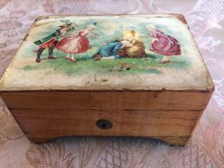 Antique Victorian Litho Music Box.  Wooden.  C.  1890 4 3/4”x 3 1/2” X 2 1/2” Lovely