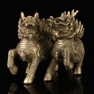 A Pair Chinese Old Copper Plating Silver Carving Kirin God Beast Statue H01a