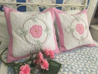 Cottage Perfect Vintage 30s Densely Quilted Pink Posy Quilt Pillow 20 "