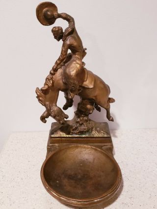 Vintage Signed Paul Herzel Bronze Statue Of Cowboy And Bucking Horse Ashtray