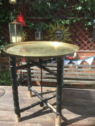 Large Antique Brass Tray Top Table With Folding Ebonized Legs 22.  5 Inch Dia