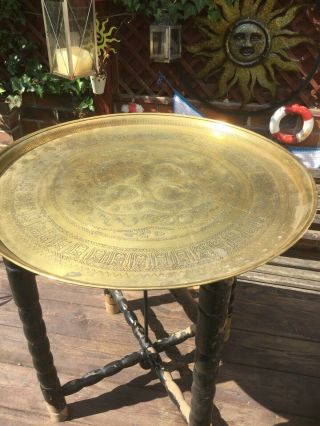 Large Antique Brass Tray Top Table With Folding Ebonized Legs 22.  5 Inch Dia 2