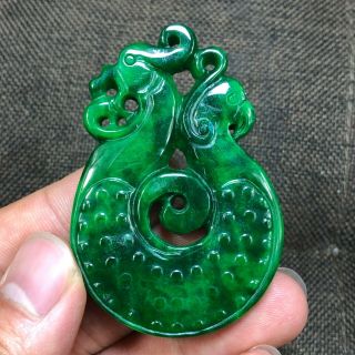 Rare Collectible Green Jadeite Jade Chinese Dragon & Phoenix Handwork Pendant