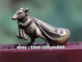 6 Cm Pure Bronze Chinese Zodiac Animal Rat Mouse Bring Wealth Sack Amulet Statue