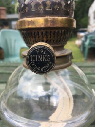 ANTIQUE GLASS OIL LAMP RESERVOIR WITH HINKS DUPLEX No 1 EXTINGUISHER BURNER 2