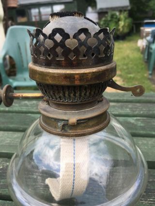 ANTIQUE GLASS OIL LAMP RESERVOIR WITH HINKS DUPLEX No 1 EXTINGUISHER BURNER 5