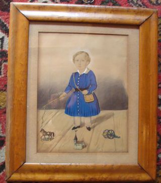 Signed Dated 1846 Framed Watercolor On Paper Of Boy In Blue Dress W Toys