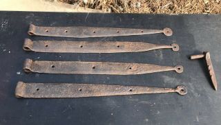 4 Antique Blacksmith Made Large Hand Forged Barn Door Strap Hinges,  1 Pin