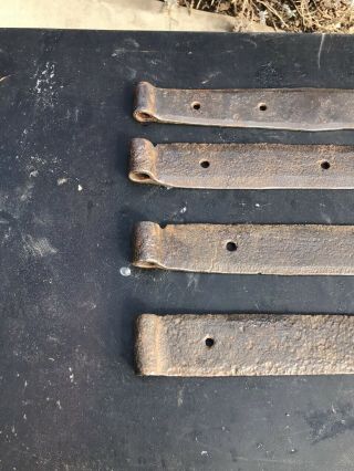 4 ANTIQUE Blacksmith Made Large Hand Forged Barn Door Strap Hinges,  1 Pin 3