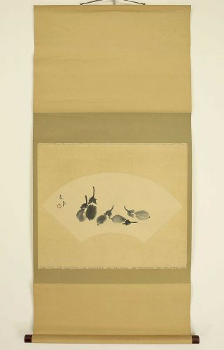 掛軸1967 Japanese Hanging Scroll " Fan Surface Eggplant " @n354