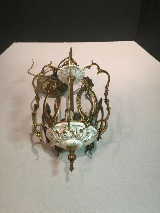 Antique Hanging Lamp Chandelier Spanish Ornate Brass Hall Light With Porcelain