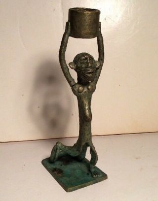 Unusual African Bronze Figure - Leopard ? Woman With Pot Candle Stick Holder?