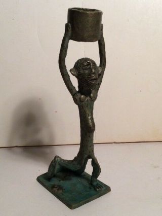 UNUSUAL AFRICAN BRONZE FIGURE - LEOPARD ? WOMAN WITH POT CANDLE STICK HOLDER? 2