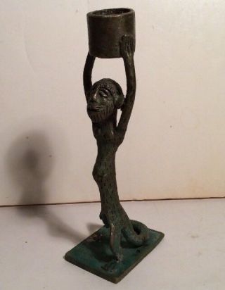 UNUSUAL AFRICAN BRONZE FIGURE - LEOPARD ? WOMAN WITH POT CANDLE STICK HOLDER? 3