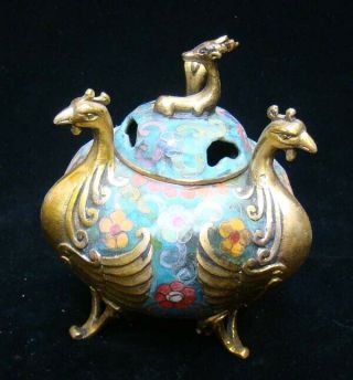 Handmade Carving Statue Bird deer Brass Cloisonne Enamel Incense Burner 01 4