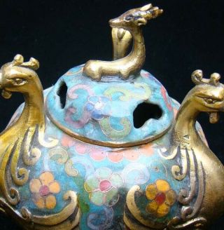 Handmade Carving Statue Bird deer Brass Cloisonne Enamel Incense Burner 01 5