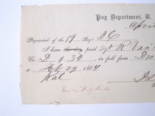 Antique US Civil War Document 1863 - 1864 Pay Department U.  S.  A.  Receipt Stub 2