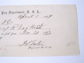 Antique US Civil War Document 1863 - 1864 Pay Department U.  S.  A.  Receipt Stub 3