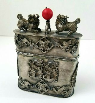 Antique Chinese Tibetan Silver Snuff Bottle Foo Dog Dragon Pattern Container
