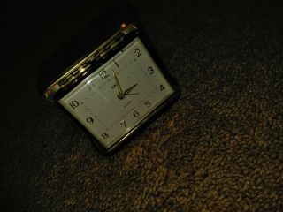Vintage Elgin Travel Alarm Clock Made In Japan Hard Clam Shell Case Black