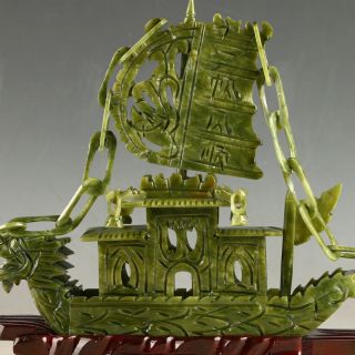 Chinese 100 Natural Jade Green Jade Hand - Carved Dragon Ship Sculpture Rn