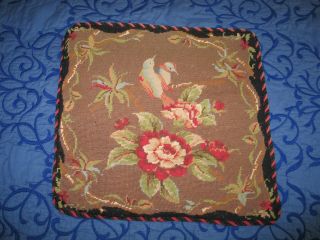 Antique Floral Needlepoint Tapestry Pillow French Petite Point - Birds