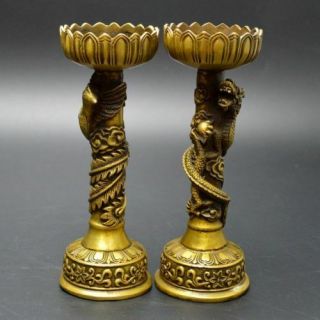 Old China Collectible Handwork Exquisite Bronze Dragon And Phoenix Candlestick