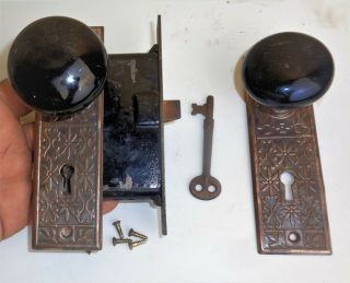 Antique Vintage Set Eastlake Backplates Black Porcelain Door Knobs Mortise Lock