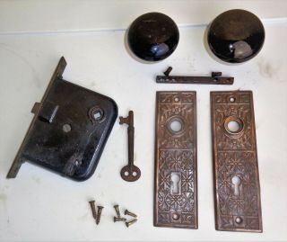 Antique Vintage Set EASTLAKE Backplates Black Porcelain Door Knobs Mortise Lock 2