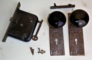 Antique Vintage Set EASTLAKE Backplates Black Porcelain Door Knobs Mortise Lock 3