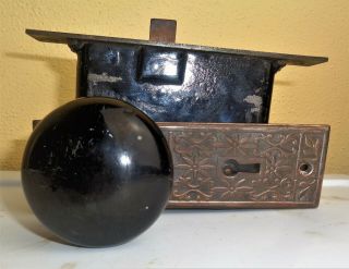 Antique Vintage Set EASTLAKE Backplates Black Porcelain Door Knobs Mortise Lock 6