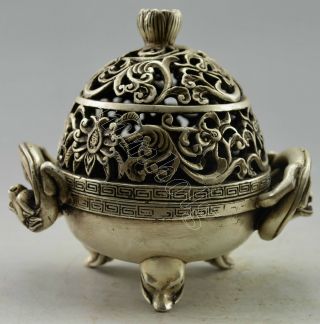 Collectible Decorated Old Handwork Tibet Silver Carve Pair Dragon Incense Burner