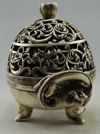 Collectible Decorated Old Handwork Tibet Silver Carve Pair Dragon Incense Burner 2