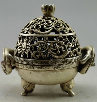 Collectible Decorated Old Handwork Tibet Silver Carve Pair Dragon Incense Burner 3